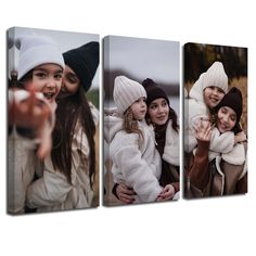 three girls are posing for the camera with their hats on and one girl is holding her hand out