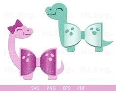 two pink and green dinosaurs with bows on their heads, one in the shape of a bow