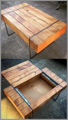 two different views of a wooden table with metal legs and an open drawer in the middle