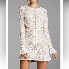 Sexy And Sweet White Lace Mini Dress. Backless With Waist Strap. Size M. Gorgeous Dress !! Never Worn. Fitted Flirty Lace Dress For Date Night, Glamorous Mini Dress With Lace Trim For Date Night, Flirty Lace Mini Dress For Date Night, Flirty Mini Dress For Wedding, Sheer Mini Dress For Brunch, Sheer Mini Length Lace Dress For Date Night, White Sheer Flirty Dress, Chic Sheer Mini Dress For Wedding, Feminine Lace Mini Dress For Night Out