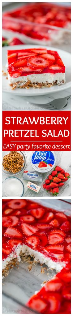 strawberry pretzel salad on a plate with strawberries