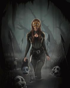 a woman in a mask walking through a dark forest with skulls and skeletons on the ground