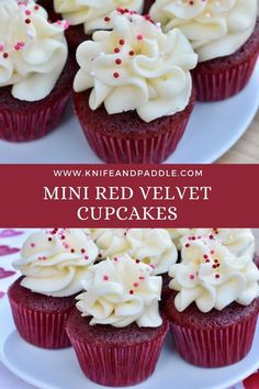 red velvet cupcakes with white frosting and sprinkles on top