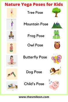 the nature yoga poses for kids poster is shown with pictures of animals, birds and other things