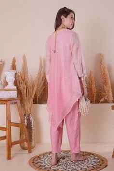 Buy Pink Kurta And Pant Mul Chanderi Embroidery Stripe Pattern Asymmetric & Set For Women by Surabhi Arya Online at Aza Fashions. Asymmetric Kurta, Pink Kurta, Peony Pink, Sequin Embroidery, Sequins Embroidery, Pant Set, Straight Pants, Set For Women, Aza Fashion