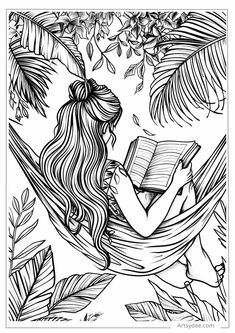 a girl reading a book in a hammock surrounded by tropical leaves and flowers