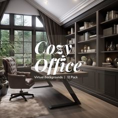 an office with a desk and chair in front of large windows that read cozy office virtual backgrounds 11 pack