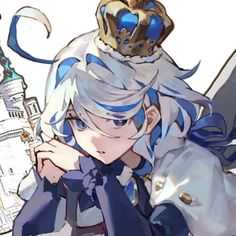 an anime character with blue hair and a crown on his head, standing in front of a castle