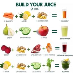 an image of juices and fruits with the words build your juice on it's side