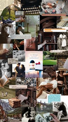 a collage of photos with people and books