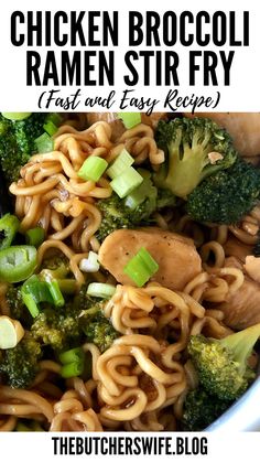 chicken broccoli ramen stir fry in a white bowl with text overlay