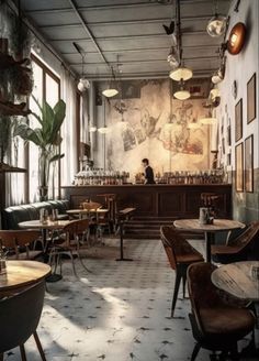 the interior of a restaurant with tables and chairs