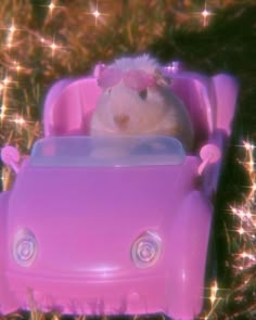 a hamster is sitting in a pink toy car on the grass with sparkles