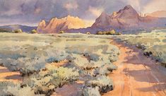 a watercolor painting of a dirt road in the desert with mountains in the background