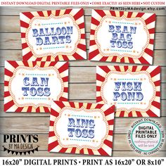 four red, white and blue circus themed printables for party favors or cupcake toppers