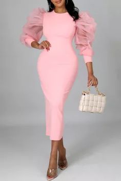 Pink Fashion Casual Solid Patchwork O Neck Long Sleeve Dresses Black Scene, Mode Rose, White Fashion Casual, Lantern Sleeve Dress, Party Scene, Long Sleeve Casual Dress, Long Sleeve Dresses, Plain Color, Sleeve Dresses