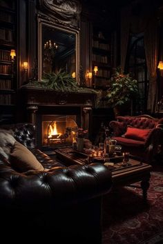 a living room filled with furniture and a fire place in the middle of the room