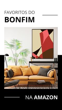 a living room with an orange couch and black chair in front of the sofa is a painting that reads,'favorites do bon fim '