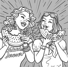 two women are eating watermelon and drinking juice coloring pages for adults, kids