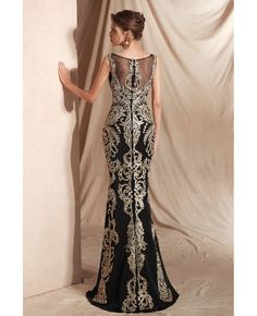 Buy Black with Gold Embroidery Formal Prom Dress Long In Mermaid at wholesale price online. Free shipping and pro custom service since 2009. Prom Dresses Long Fitted, Prom Dresses Long Black, Formal Prom Dresses Long, Lace Prom Dress, Black Dress Formal, Black Prom, Custom Size Dresses, Black Evening Dresses, Black Prom Dresses