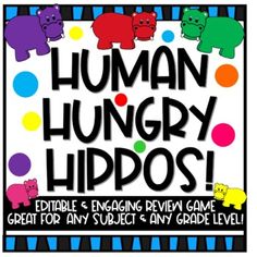 a sign that says human hungry hippos with different colored elephants and dots on it