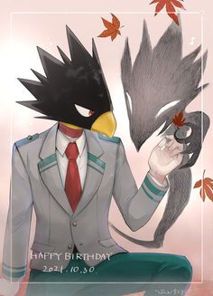 a man in a suit and tie sitting next to a bird with an angry look on his face