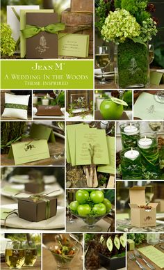 a collage of photos with green and brown items in them, including cards, napkins, vases, flowers, candles