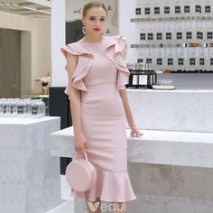 Modest / Simple Blushing Pink Evening Dresses 2019 Scoop Neck Sleeveless Tea-length Ruffle Backless Formal Dresses Outfit Hombres, Pink Evening Dresses, Backless Formal Dresses, Simple Dress Pattern, Night Gown Dress, Pink Evening Dress, Work Dresses For Women, Lace Dress With Sleeves, Formal Dresses For Weddings