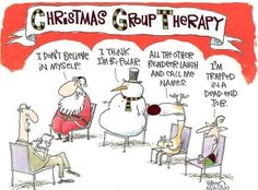 christmas group therapy cartoon with santa claus and snowman sitting in chairs talking to each other