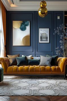 a living room with blue walls and yellow couches in the center, surrounded by rugs