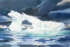 an iceberg floating in the ocean with clouds and watercolors on paper by david mcewn