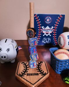 baseball themed items are displayed on a table