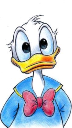 a cartoon duck wearing a blue shirt with a red bow on it's head