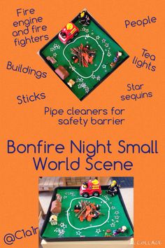 an advertisement for bonfire night small world scene with instructions on how to use the table