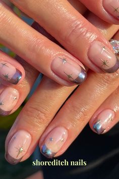 Chrome French Tip Nails Christmas, French Tip With Silver Stars, Chrome Nails With Stars, French Tips With Stars, Metallic French Tip, Edc Nails, Chrome Star Nails, Chrome French Tips, Stars Nail Art