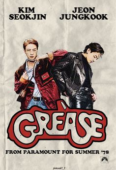 an old movie poster with two men in leather jackets and the words grease on it