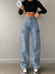 Medium Wash Casual Collar  Denim Plain Straight Leg Embellished Non-Stretch  Women Clothing Cute Denim Jeans, Baddie College Outfits, Spoon Outfits, Cargo Jeans Women, Baggy Ripped Jeans, Moda Denim, Workwear Jeans, American Casual, Work Jeans