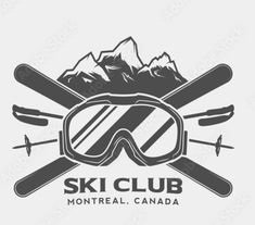 the ski club logo is shown with skis and snowboards in front of mountains