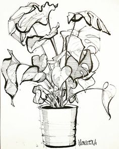 a black and white drawing of flowers in a pot