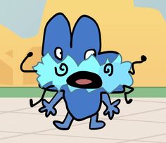 a cartoon character with blue hair and eyes holding his hands out in front of him