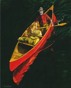 a painting of a man in a red canoe with oars on the water, wearing a hat