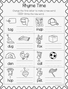 the printable worksheet for rhyme time, with pictures and words