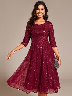 Shine at any wedding with this 3/4 Sleeve Sparkly Sequin Round Neck Midi Wedding Guest Dress. The shimmering sequin design adds a dazzling touch, while the classic round neckline and 3/4 sleeves create a sophisticated silhouette. The midi length ensures elegance and ease of movement, making it perfect for formal celebrations or evening events. Fit: Please refer to size chart. Length: Midi length. Sleeve Style: 3/4 sleeves. Closure: It is concealed a zipper up the back. Undergarments: It is not p Midi Wedding Guest Dress, Prom Dresses Burgundy, Prom Dresses Sleeveless, Sequin Midi Dress, Sequin Evening Dresses, Sequin Design, Dress With Long Sleeves, Guest Dress, Guest Outfit