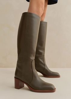 70s Knee High Boot | ME+EM Aw23 Fashion, Stretch Leather Boots, Olive Boots, Ankle Sleeve, Slip On Trainers, Shoes Luxury, Suede Block Heels, Leather High Tops, Sheep Leather