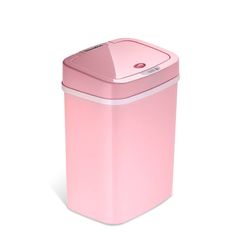 a pink trash can on a white background