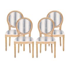 four chairs with blue and white striped upholstered backrests on each side