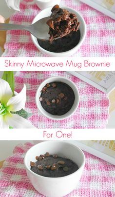 two pictures showing the steps to make microwave mug brownies with chocolate chips in them