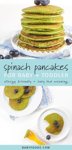 green pancakes with blueberries on top and the words spinach pancakes for baby toddlers