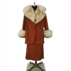 Sienna Brown Heavy Textured Quality Fabric Imported From Italy. Jacket Is Open Front ¾ Length. Has Glove Length Sleeves With Fox Fur At Cuffs, Big Fox Fur Collar/Lapel, 2 Side Pockets & Satin Lining. Matching Sleeveless Top Is Fully Lined, Has Front/Back Seams & Full Back Zipper. Matching Skirt Has Set-On Waistband With Side Zipper/Button And Is Half Lined. Only Label Present Is Fabric Import. Never Worn In Very Good Condition, A Few Moth Nibbles And Some Wear To Guard Hair Fur On Sleeves (See P Guard Hair, Light Blue Skirts, Fur Skirt, Sweater Skirt Set, Petite Blazer, Blazer And Skirt Set, Blazer Set, Brown Skirts, Pink Blazer