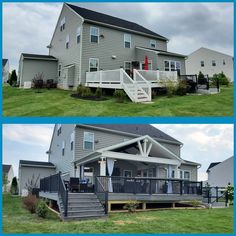 before and after shots of a house with porches on the front, side and top levels